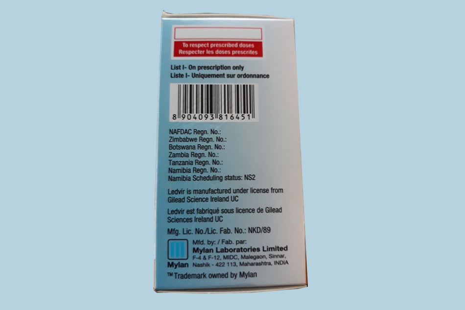 Hình ảnh mặt bên thuốc Ledvir chứa mã vạch sản phẩm